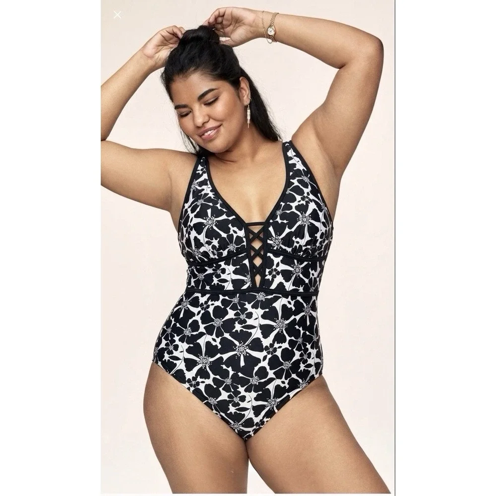 Adore Me Womens One Piece Swimsuit Black White Floral Lace Up Plunge V-Neck NWT